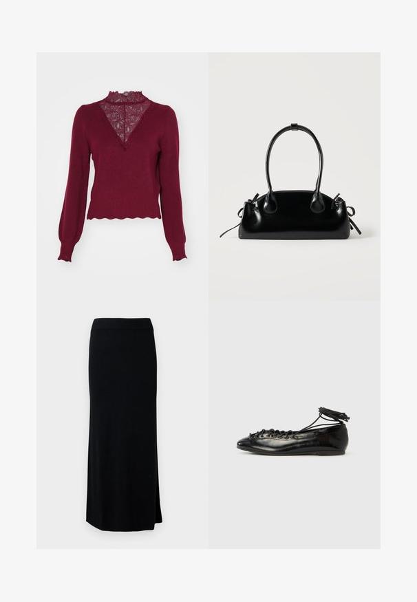 Pull bordeaux avec un panneau en dentelle et un ourlet en dents de scie. Manches longues avec des poignets à côtes. Présente un décolleté en V et un tricot texturé.; Jupe noire, longue, en maille avec une fente sur le côté. Équipée d'une taille extensible et d'une texture lisse. Design simple et ajusté. Aucune motif ou accent visible.; Ballerines en cuir verni noir avec un bout rond, un design à lacets et une semelle plate. Texture lisse avec peu de détails.; Petit sac à main noir brillant avec deux longues anses et des détails à cordon sur les côtés sur un fond clair uni.