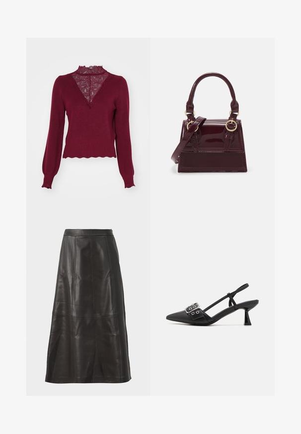 Bordeaux sweater med en blonderpanel og bølget kant. Lange ærmer med ribbede manchetter. Har en V-hals design og struktureret strik.; Sort læder midi-skjørt med en glat tekstur, der har lodrette sømme og en lige silhuet. Ingen synlig hardware eller accenter.; Simmi London DALA - Pumps - black; Burgunderfarvet patentlæder håndtaske med en struktureret form, dobbelt håndtag og justerbar rem. Har guldfarvet metaldele og syede detaljer.
