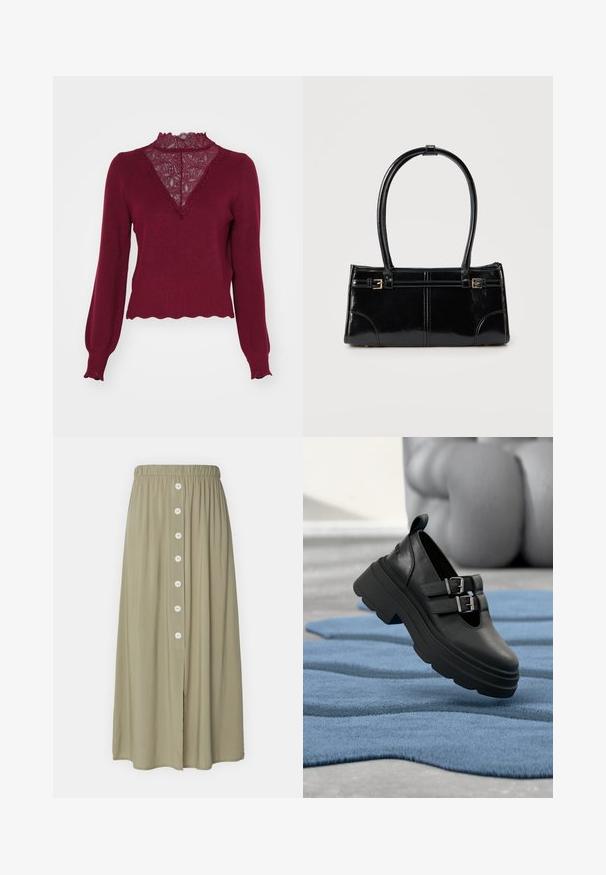 Bordeaux sweater med en blonderpanel og bølget kant. Lange ærmer med ribbede manchetter. Har en V-hals design og struktureret strik.; Maxi-nederdel i olivengrøn stof med elastisk talje, der er samlede, med hvide knapper ned foran og en let slidse for bevægelsesfrihed.; Sorte lædersko med en kraftig plateau-sål, dobbelte spænde-detaljer og en rundet tå, placeret på et struktureret blåt tæppe.; Glansfuld sort rektangulær håndtaske med to tynde skulderremme og små guldbeslag foran.