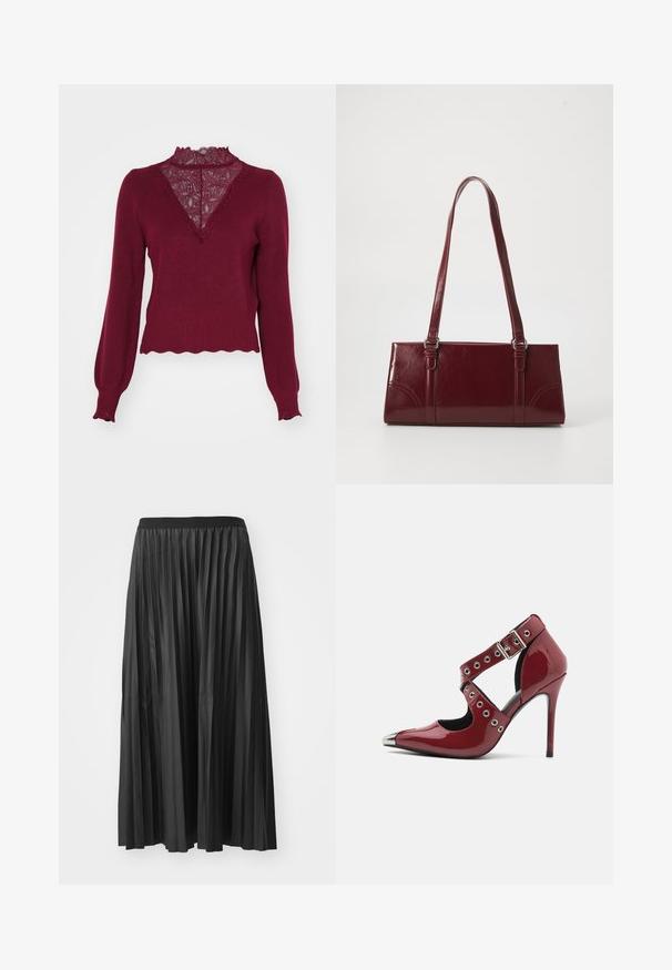 Bordeaux sweater med en blonderpanel og bølget kant. Lange ærmer med ribbede manchetter. Har en V-hals design og struktureret strik.; Sort plisseret maxiskørt med en glat tekstur og elastisk talje, der har lodrette folder som skaber volumen og bevægelse.; Rød patenteret læder højhælet sko med udskæringsdesign, sølv cirkulære øsken og spidse tå, med en metallisk detalje på tåen.; Bordeaux håndtaske lavet af glansfuldt materiale, rektangulær form, med to skulderremme og subtile buede detaljer på forsiden.