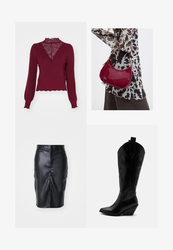 Bordeaux sweater med en blonderpanel og bølget kant. Lange ærmer med ribbede manchetter. Har en V-hals design og struktureret strik.; Sort faux læder blyantskirt med en mellemlang design, der har frontknaplukning og to sidelommer med klap. Glat struktur.; Sort læder cowboystøvle med spidst tåparti, skråt blokhælhæl, dekorative sømme og trækstropper øverst mod hvid baggrund.; Kvinde iført en sort- og hvidmønstret bluse, der holder en blank rød skuldertaske mod en ensfarvet baggrund.