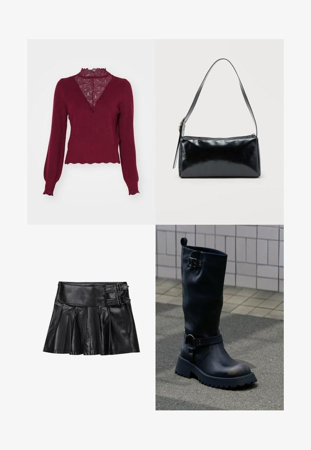 Bordeaux sweater med en blonderpanel og bølget kant. Lange ærmer med ribbede manchetter. Har en V-hals design og struktureret strik.; Sort læderskirt med pliser, bred talje og to spænde-accenter på siden. Glat tekstur med en blank finish.; Sort midt-læg læderstøvle med chunky sål, metal spænde nær toppen og rem med ringdetalje over anklen, på en belagt overflade.; Sort rektangulær skuldertaske med en enkelt justerbar rem og lynlås i toppen på en ensfarvet baggrund.