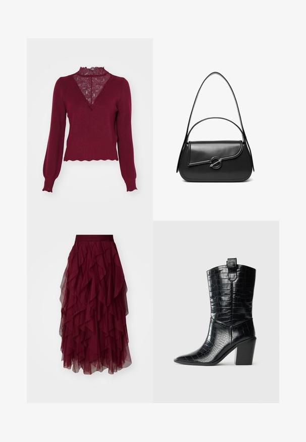 Pull bordeaux avec un panneau en dentelle et un ourlet en dents de scie. Manches longues avec des poignets à côtes. Présente un décolleté en V et un tricot texturé.; Jupe en tulle bourgogne avec plusieurs volants superposés, une taille large et une silhouette fluide. Son tissu léger et texturé accentue le mouvement.; Botte western noire midi avec bouts pointus, talon carré, et texture en cuir verni gaufré crocodile sur fond blanc.; Sac à bandoulière en cuir noir avec un rabat incurvé fermé par un fermoir métallique rond et une sangle fine et ajustable.