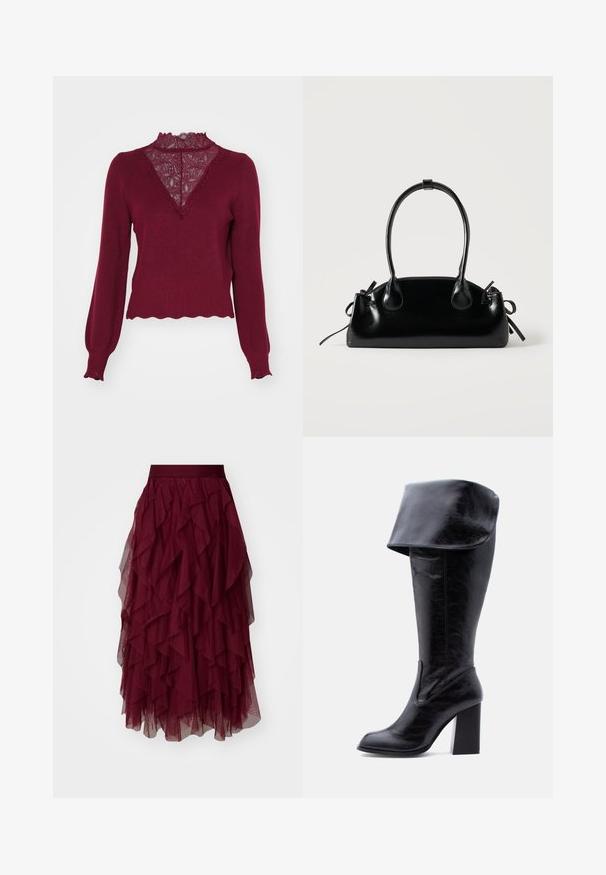 Bordeaux sweater med en blonderpanel og bølget kant. Lange ærmer med ribbede manchetter. Har en V-hals design og struktureret strik.; Bordeaux tylskørt med flere lag af flæser, en bred talje og en flydende silhuet. Letvægts, tekstureret stof forbedrer bevægelsen.; Høj sort læderstøvle med hæl, foldet kant og rund tå, stående oprejst på en hvid baggrund.; Lille sort blank håndtaske med to lange håndtag og snøre-detaljer i siden på en ensfarvet lys baggrund.