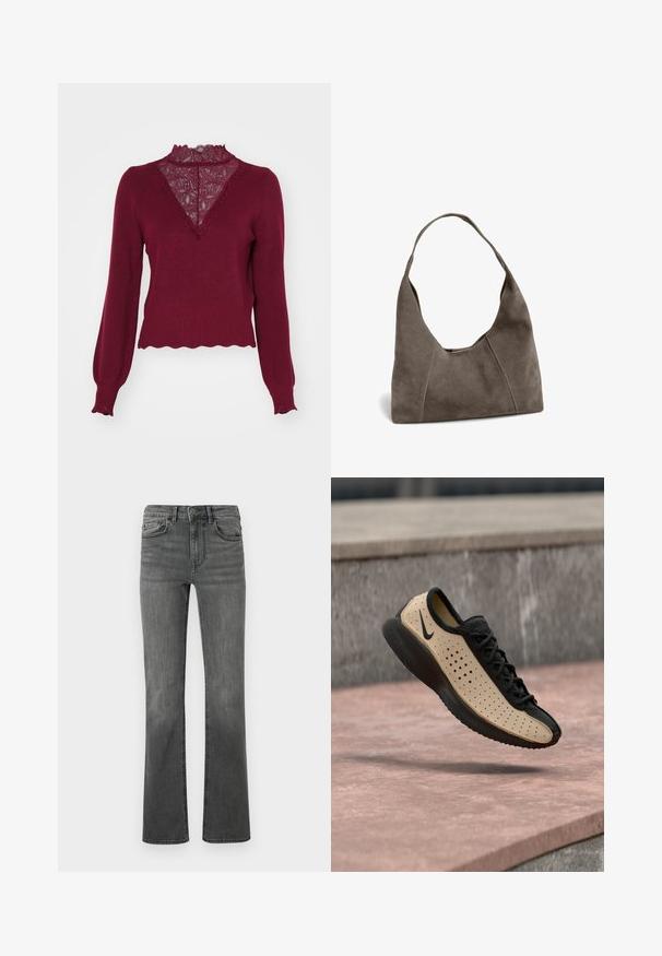 Bordeaux sweater med en blonderpanel og bølget kant. Lange ærmer med ribbede manchetter. Har en V-hals design og struktureret strik.; Bredde jeans i mørkegrå denim med høj talje, fem lommer og en enkelt knaplukning. Glat tekstur med let falmning.; Sort og beige Nike-sneaker med perforerede sider og sort sål, vist i luften over en lyserød betonoverflade.; Grå ruskind skuldertaske med bred rem, minimale syninger og en blød, struktureret form mod en hvid baggrund.