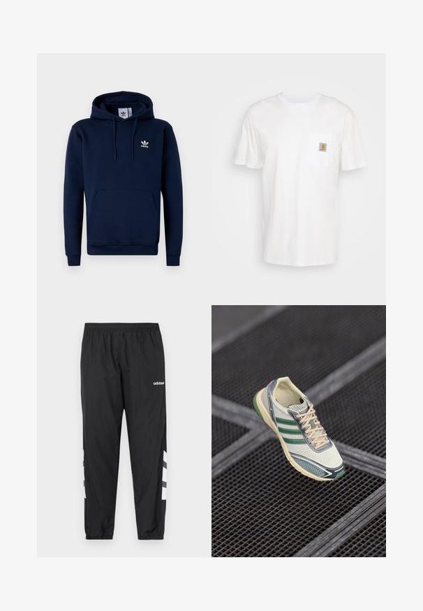 Mørkeblå hættejakke lavet af blødt, struktureret stof. Har en frontlomme, snoretræk i hætten og hvidt logo på brystet. Enkel design.; Hvid bomulds T-shirt med korte ærmer, en brystlomme, og et lille firkantet logo patch i orange og hvid på lommen.; Sorte vindtætte bukser med elastisk talje, tilspidsede manchetter og hvidt trestribet design på siderne. Fremstillet af let, glat materiale.; Hvide og grønne mesh sneakers med beige snørebånd, svævende over et mørkt metalristegulv.