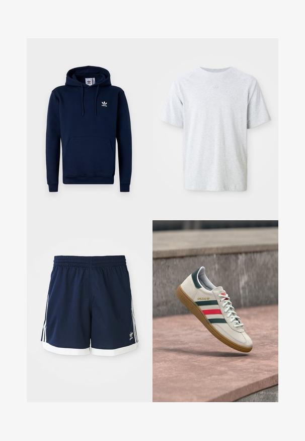 Sudadera azul marino hecha de un tejido suave y texturizado. Cuenta con un bolsillo frontal, capucha con cordón y un logo blanco en el pecho. Diseño sencillo.; Camiseta de cuello redondo de manga corta en gris claro con un sutil logotipo tonal centrado debajo del escote, con un frente liso y un corte relajado.; Pantalones cortos deportivos de Adidas azul marino con ribete blanco y tres rayas blancas a cada lado, cinturilla elástica.; Zapatilla blanca Adidas con franjas verdes y rojas, suela de goma y marca "SPEZIAL" flotando sobre pavimento de piedra.