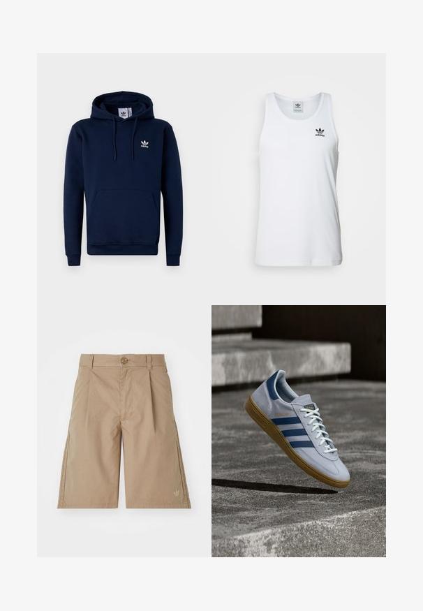 Mørkeblå hættejakke lavet af blødt, struktureret stof. Har en frontlomme, snoretræk i hætten og hvidt logo på brystet. Enkel design.; Hvid ribbet tanktop med rund halsudskæring, sort Adidas-logo på venstre bryst og uden ærmer. Blødt bommateriale, afslappet pasform.; Beige bomulds shorts med lige snit, frontfald og en enkelt knaplukning. Har et diskret logo på den nederste venstre side.; Lyseblå Adidas Spezial sneakers med marineblå striber og gummisål, vist i luften over betontrapper i et neutralt udendørsmiljø.