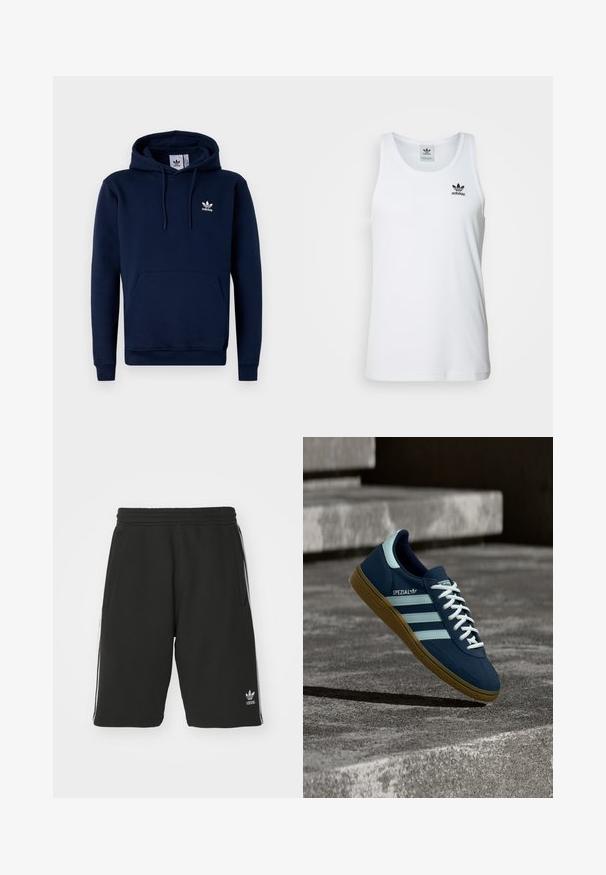 Mørkeblå hættejakke lavet af blødt, struktureret stof. Har en frontlomme, snoretræk i hætten og hvidt logo på brystet. Enkel design.; Hvid ribbet tanktop med rund halsudskæring, sort Adidas-logo på venstre bryst og uden ærmer. Blødt bommateriale, afslappet pasform.; Sort shorts lavet af bomuldsblandet materiale med elastisk talje, med hvide sidelister og et lille logo nederst til venstre.; Blå Adidas Spezial sneaker med hvide striber og snørebånd, gummisål, svævende over en ru betongoverflade og trin i baggrunden.