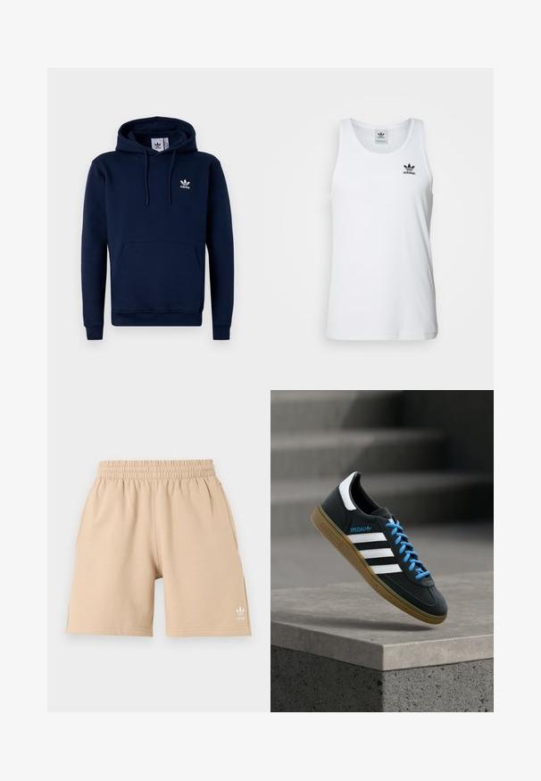 Marineblauwe hoodie van zacht, gestructureerd stof. Voorzien van een buidelzak aan de voorkant, een capuchon met trekkoord en een wit logo op de borst. Eenvoudig ontwerp.; Witte geribde tanktop met ronde hals, zwarte Adidas-logo op de linkerborst en zonder mouwen. Zachte katoenen stof, casual pasvorm.; Beige shorts met elastische tailleband, zijzakken en een klein wit Adidas-logo op het linkerbeen, afgebeeld tegen een effen achtergrond.; Zwarte Adidas-sneaker met witte strepen, blauwe veters en een gumzool die boven een grijze betonnen trede zweeft in zacht licht.