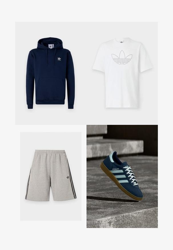 Námornícky modrá mikina s kapucňou vyrobená z jemnej, štruktúrovanej látky. Obsahuje predné vrecko, kapucňu so šnúrkou a biele logo na hrudi. Jednoduchý dizajn.; Biely bavlnený tričko s bodkovaným čiernym obrysom loga trefoil na prednej strane. Krátke rukávy a okrúhly výstrih.; Svetlosivé športové šortky s čiernymi bočnými pruhmi, elastickým pásom, bočnými vreckami a malým čiernym logom na ľavom stehne.; Modré tenisky Adidas Spezial s bielymi pruhmi a šnúrkami, gumovou podrážkou, plávajúce nad drsným betónovým povrchom a schodmi v pozadí.