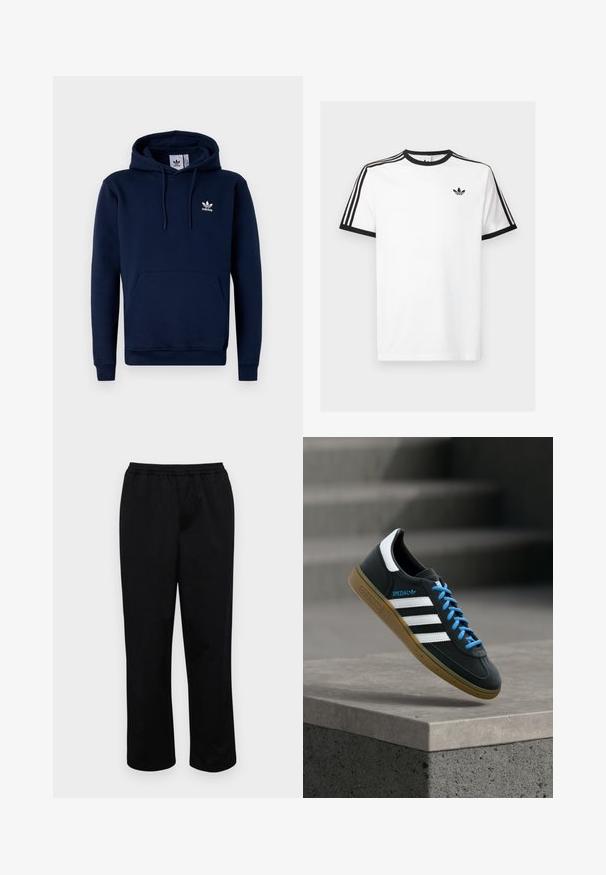 Námornícky modrá mikina s kapucňou vyrobená z jemnej, štruktúrovanej látky. Obsahuje predné vrecko, kapucňu so šnúrkou a biele logo na hrudi. Jednoduchý dizajn.; Biela bavlnená tričko s čiernym žebrovaným výstrihom a rukávmi, s tromi čiernymi pruhmi na každom pleci a malým logom na hrudi.; Čierne nohavice strednej dĺžky s elastickým pásom. Vyrobené z hladkej látky, s pohodlným strihom a bez viditeľných vreciek alebo ozdôb.; Čierna teniska Adidas s bielymi pruhmi, modrými šnúrkami a gumovou podrážkou, ktorá sa vznáša nad sivým betónovým schodom v mäkkom svetle.