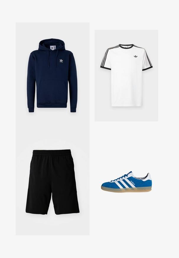 Mørkeblå hættejakke lavet af blødt, struktureret stof. Har en frontlomme, snoretræk i hætten og hvidt logo på brystet. Enkel design.; Hvid bomulds t-shirt med sort ribkant ved hals og ærmer, med tre sorte striber på hver skulder og et lille logo på brystet.; Sorte atletiske shorts lavet af syntetisk materiale, med en elastisk talje og sidelommer. Glat tekstur uden synlige mønstre.; Blå og hvide Adidas Gazelle sneaker med gummisål og tre hvide striber, set fra siden på en hvid baggrund.