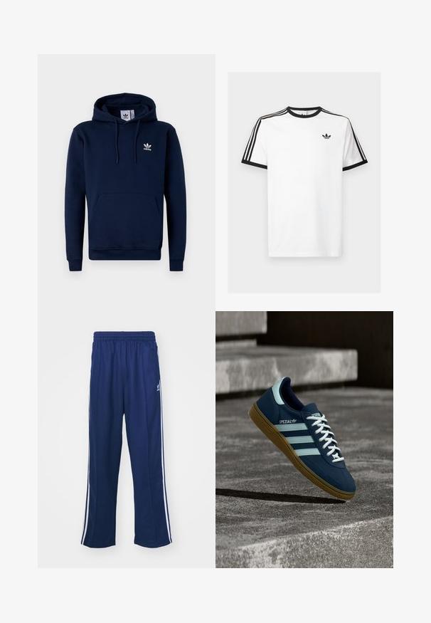 Mørkeblå hættejakke lavet af blødt, struktureret stof. Har en frontlomme, snoretræk i hætten og hvidt logo på brystet. Enkel design.; Hvid bomulds t-shirt med sort ribkant ved hals og ærmer, med tre sorte striber på hver skulder og et lille logo på brystet.; Marineblå sportbukser med en afslappet pasform, udstyret med hvide sidestativer og elastisk talje. Glat stof, ingen synlige mønstre eller hardware.; Blå Adidas Spezial sneaker med hvide striber og snørebånd, gummisål, svævende over en ru betongoverflade og trin i baggrunden.