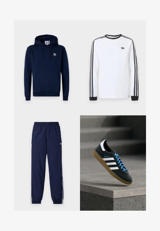 Dunkelblaues Hoodie aus weichem, strukturiertem Stoff. Mit einer Fronttasche, Kapuze mit Kordelzug und weißem Logo auf der Brust. Einfaches Design.; Weißes Adidas-Langarmshirt mit schwarzem Rundhalsausschnitt, schwarzen Bündchen, drei schwarzen Streifen an den Ärmeln und schwarzem Trefoil-Logo auf der Brust.; Marineblaue Trainingshose aus leichtem Stoff, mit weißen Streifen an den Seiten, einem elastischen Bund und einem kleinen Logo.; Schwarzer Adidas-Sneaker mit weißen Streifen, blauen Schnürsenkeln und Gummisohle, der über einer grauen Betontreppe im weichen Licht schwebt.