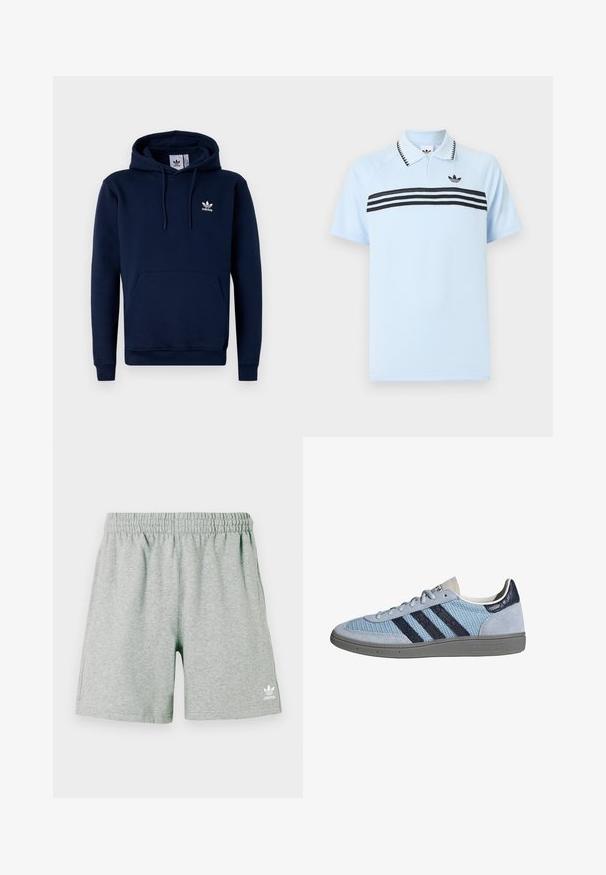 Mørkeblå hættejakke lavet af blødt, struktureret stof. Har en frontlomme, snoretræk i hætten og hvidt logo på brystet. Enkel design.; Lyseblå polo lavet af tekstureret stof med sorte accentstriber og en sort logo på brystet. Har en krave.; Grå bomuldsblandingsshorts med elastik i taljen, med sidelommer og en lille hvid Adidas-logo nederst på venstre side.; Lyseblå Adidas sneaker med mørkeblå striber, ruskind på tå og hæl, tekstureret sål og snørelukning, sidevisning på hvid baggrund.