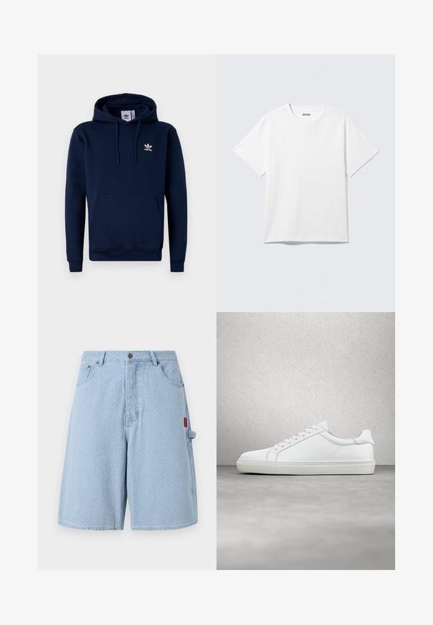 Mørkeblå hættejakke lavet af blødt, struktureret stof. Har en frontlomme, snoretræk i hætten og hvidt logo på brystet. Enkel design.; Hvid kortærmet crewneck T-shirt lagt fladt ud, ensfarvet design, med "WEEKDAY" mærkat inde i kraven på en lys baggrund.; Lyseblå denimshorts med et struktureret mønster, to forlommer og en sidelomme med et rødt labeldetalje.; Hvide sneakers med en glat læderoverdel og lav profil. Har en rund tå, seks snørehuller og en tekstureret gummisål.