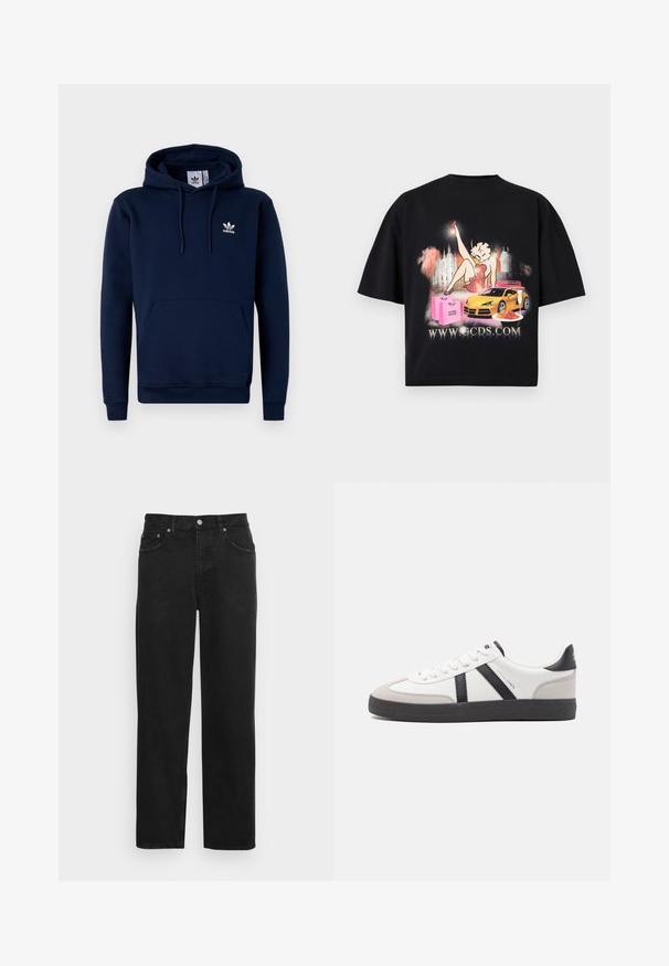 Mørkeblå hættejakke lavet af blødt, struktureret stof. Har en frontlomme, snoretræk i hætten og hvidt logo på brystet. Enkel design.; Sort t-shirt med tegneseriefigur af kvinde i rød kjole, gul sportsvogn, lyserøde indkøbsposer, tallerken med pasta, champagneglas og websteds-URL.; Sorte denimjeans med lige ben, fem lommer og lukkes med metalknap, med en subtil tekstur. Ingen synlige mønstre eller detaljer.; Hvide sneakers med sorte og grå detaljer, med en tekstureret grå tåhætte, sort gummisål og flade hvide snørebånd. Rent design, minimalistisk stil.