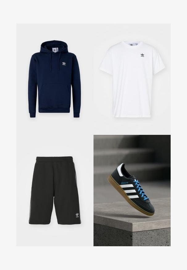 Sudadera azul marino hecha de un tejido suave y texturizado. Cuenta con un bolsillo frontal, capucha con cordón y un logo blanco en el pecho. Diseño sencillo.; Camiseta blanca de algodón con mangas cortas, escote redondo y un logo negro de Adidas con tres franjas en la zona del lado izquierdo del pecho.; Pantalones cortos negros hechos de una mezcla de algodón con una cinturilla elástica, que presentan rayas blancas en los laterales y un pequeño logotipo en la parte inferior izquierda.; Zapatilla negra Adidas con franjas blancas, cordones azules y suela de goma flotando sobre un escalón de hormigón gris con luz suave.