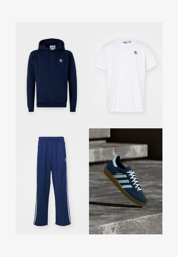 Sudadera azul marino hecha de un tejido suave y texturizado. Cuenta con un bolsillo frontal, capucha con cordón y un logo blanco en el pecho. Diseño sencillo.; Camiseta blanca de algodón con mangas cortas, escote redondo y un logo negro de Adidas con tres franjas en la zona del lado izquierdo del pecho.; Pantalones deportivos en azul marino con un corte relajado, que presentan franjas laterales blancas y una cintura elástica. Tejido suave, sin patrones visibles ni herrajes.; Zapatilla azul Adidas Spezial con rayas y cordones blancos, suela de goma, flotando sobre una superficie de hormigón rugosa y escaleras de fondo.