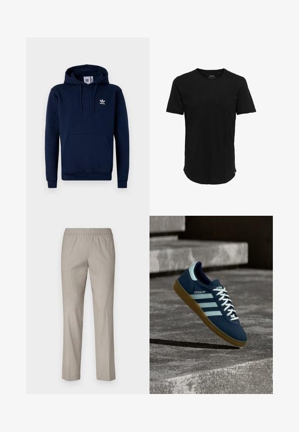 Námornícky modrá mikina s kapucňou vyrobená z jemnej, štruktúrovanej látky. Obsahuje predné vrecko, kapucňu so šnúrkou a biele logo na hrudi. Jednoduchý dizajn.; Čierne tričko s krátkym rukávom a okrúhlym výstrihom, vyrobené z jemného materiálu, s mierne predĺženým zadným dielom a minimalistickým dizajnom.; Svetlošedé nohavice s elastickým pásom, priame nohy a hladkou textúrou látky. Žiadne viditeľné vzory ani kovové detaily.; Modré tenisky Adidas Spezial s bielymi pruhmi a šnúrkami, gumovou podrážkou, plávajúce nad drsným betónovým povrchom a schodmi v pozadí.