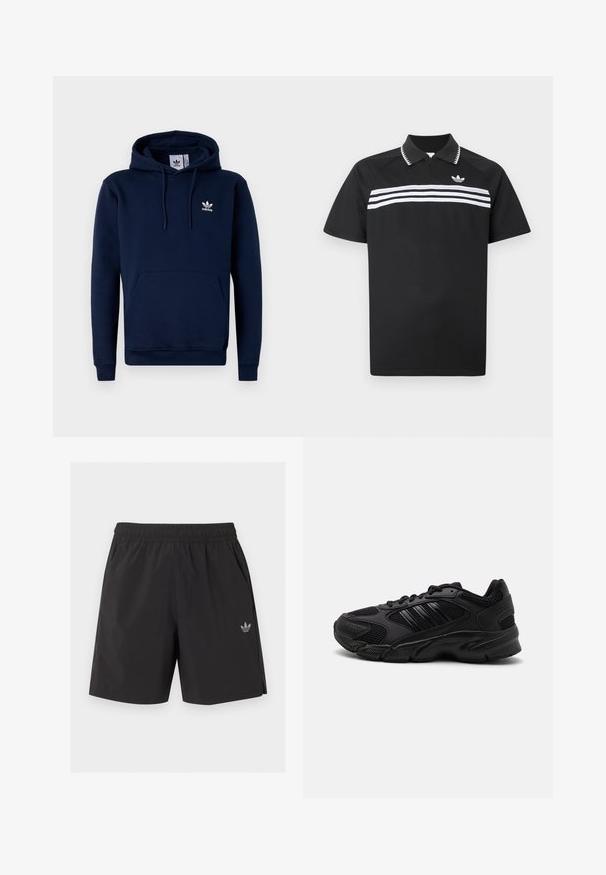 Dunkelblaues Hoodie aus weichem, strukturiertem Stoff. Mit einer Fronttasche, Kapuze mit Kordelzug und weißem Logo auf der Brust. Einfaches Design.; Schwarzes Poloshirt mit einem Reißverschluss am Kragen, das drei weiße horizontale Streifen über der Brust sowie ein kleines Logo oben links aufweist.; Schwarze elastische Sportshorts mit seitlichen Taschen und kleinem Adidas-Logo am linken Bein.; Schwarze Sportschuhe mit einer Kombination aus atmungsaktivem Mesh und synthetischen Materialien. Auffällige strukturierte Sohle und drei schwarze Streifen an der Seite.