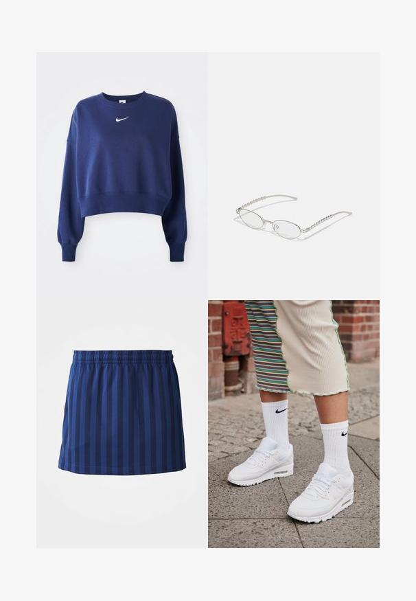 Navyblauwe cropped sweatshirt van zachte stof, met een ronde hals, lange mouwen en een wit Nike-logo op de borst.; Marineblauwe rok met verticale strepen, elastische tailleband, lengte tot halverwege het bovenbeen, gemaakt van lichte stof, gladde textuur.; Witte Nike Air Max 90 sneakers met een bovenwerk van mesh en leer, voorzien van een zichtbare luchtunit, gecombineerd met witte geribbelde sokken met een zwart logo.; Ovale brillen met een metallic zilveren montuur, heldere glazen en getextureerde kraalaccenten op de tempels. Lichtgewicht ontwerp met gebogen armen.