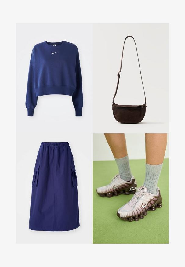 Tumedast sinise värvi lühike pusakar, mis on valmistatud pehmest kangast, funktsioonidega ümar kaelus, pikad varrukad ja valge Nike logo rinnal.; Tumedat sinine, keskpikk seelik elastse vöökohtaga, millel on kaks külgmist cargo-taskut ja minimaalne logo detail. Sile kangastekstuud.; Nike tossud heledas roosas ja pruunides toonides, millel on tekstureeritud pealmine osa, kihiline disain ja pehmendatud tallaosa nähtavate õhuühikutega.; Tumepruun seemisnahast risti kantav kott reguleeritava rihma ja esiküljel oleva tõmblukuga taskuga, seisab heleda ühevärvilise tausta ees.