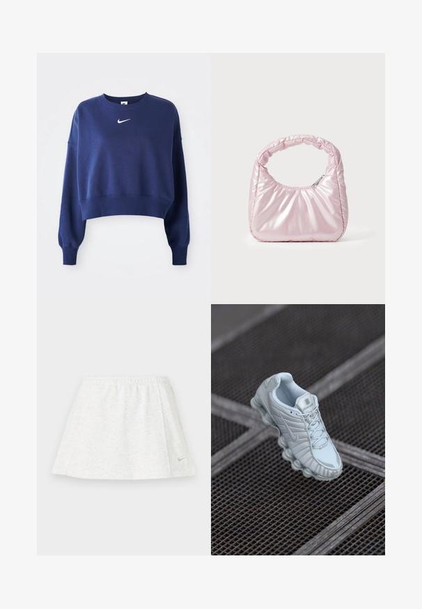 Marineblaue, verkürzte Sweatshirt aus weichem Stoff mit Rundhalsausschnitt, langen Ärmeln und einem weißen Nike-Logo auf der Brust.; Weißer Sportrock aus weichem, strukturiertem Stoff, mit einem elastischen Bund und einem kleinen goldenen Nike-Logo am Saum.; Helles blaues Sportschuh mit einer strukturierten Oberseite, ausgestattet mit einer abgerundeten Sohle mit zylindrischen Elementen und einem auffälligen Logo auf der Zunge.; Rosa, gepolsterte Handtasche mit abgerundeter Form, aus glänzendem Material gefertigt. Verfügt über einen gerafften Griff und einen Reißverschluss für sicheren Zugang.