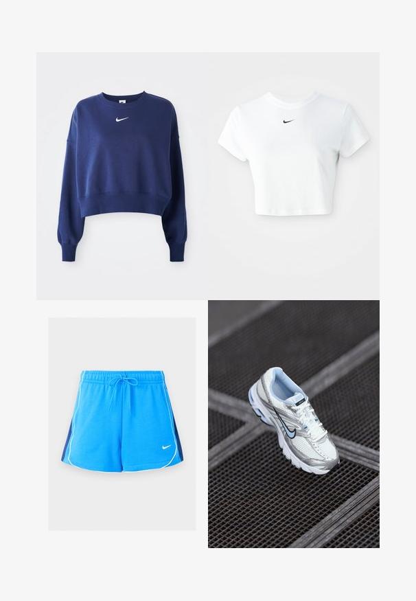 Sudadera corta azul marino hecha de un tejido suave, con cuello redondo, mangas largas y un logo blanco de Nike en el pecho.; Camiseta corta blanca de algodón, con mangas cortas y cuello redondo, y un logo negro de Nike en el pecho.; Pantalones cortos deportivos azules con ribetes blancos a lo largo de los bordes, paneles laterales azul marino, cintura elástica, cordón y un pequeño logo blanco de Nike en el frente.; Zapatilla deportiva de malla blanca con acentos plateados, costuras de color azul claro y un logo de swoosh negro. Cuenta con un collar acolchado y una suela texturizada.