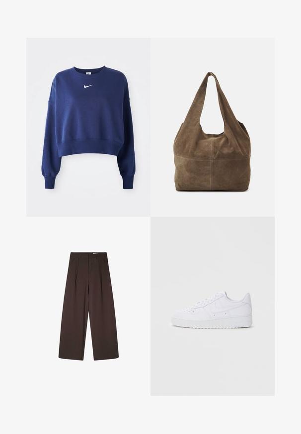 Námorníckomodrý skrátený sveter vyrobený z mäkkej látky, s okrúhlym výstrihom, dlhými rukávmi a bielym logom Nike na hrudi.; Hnedé široké nohavice s vertikálnymi prúžkami, s vysokým pásom, skladaným predným dielom a hladkou textúrou. Bez viditeľných zapínaní alebo vreciek.; Biele tenisky Nike Air Force 1 s koženým zvrškom, okrúlou špičkou, šnurovaním, polstrovaným golierom a textúrovanou gumovou podrážkou.; Hnedá semišová hobo taška s jedným ramenným popruhom, mäkkou textúrou a zaobleným tvarom. Obsahuje šev cez stred pre pridanie detailu.