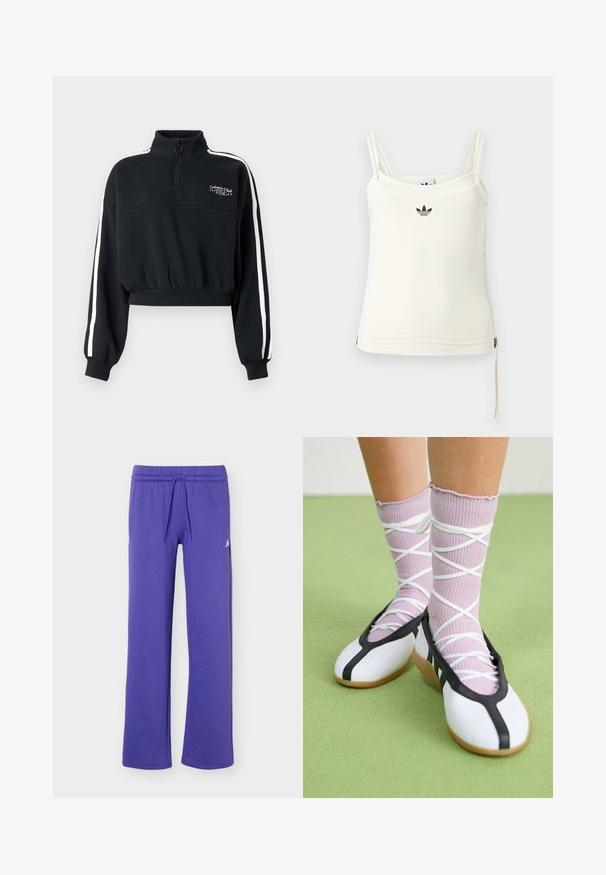 Sweatshirt noir court avec un col montant et une fermeture éclair au quart. Présente des bandes blanches sur les côtés et un petit logo brodé sur la poitrine.; Débardeur crème à fines bretelles ; logo Adidas noir sur la poitrine. Tissu lisse avec un cordon de serrage au bas. Design simple.; Pantalon de survêtement violet avec taille élastique, cordon de serrage et petit logo blanc Adidas sur la cuisse gauche.; Jambes portant des chaussettes lavande côtelées avec des brides blanches croisées, associées à des ballerines blanches avec un bord noir sur un sol vert.
