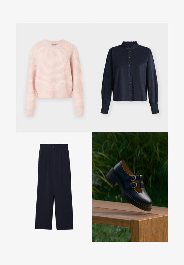 Lichtroze gebreide trui met een gestructureerd patroon, v-hals en geribde manchetten en zoom. Korte stijl met een comfortabele pasvorm.; Donkerblauwe blouse met lange mouwen, knopen aan de voorkant, een gerimpelde hoge kraag en geplooide manchetten, getoond op een effen achtergrond.; Marineblauwe wijde broek met een gladde textuur, elastische tailleband, enkele plooien aan de voorkant en een knoopsluiting in de taille.; Zwarte leren schoen met dubbele gesp en geperforeerde details die boven een houten bankje buiten zweeft met groen gras en planten op de achtergrond.
