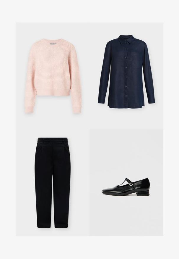 Suéter de punto rosa claro con un patrón texturizado, escote en V y puños y dobladillo acanalados. Diseño corto con un ajuste relajado.; Camisa azul marino de manga larga con botones, cuello puntiagudo y un solo bolsillo en el pecho, mostrada extendida sobre fondo blanco.; Pantalones negros de talle alto y pierna recta con trabillas para cinturón y bolsillos laterales delanteros, mostrados planos sobre un fondo blanco.; Zapatos Mary Jane de cuero negro con punta puntiaguda, tacón pequeño de bloque y correa ajustable con hebilla plateada. Textura lisa y brillante.