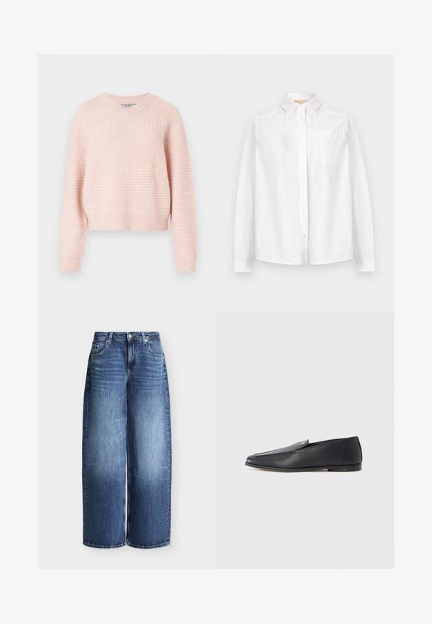 Suéter de punto rosa claro con un patrón texturizado, escote en V y puños y dobladillo acanalados. Diseño corto con un ajuste relajado.; Camisa blanca de manga larga con botones, cuello y bolsillo en el pecho, presentada sobre un fondo liso y claro.; Vaqueros anchos de mezclilla en azul con cierre frontal de botón y cremallera, trabillas para cinturón y diseño clásico de cinco bolsillos sobre fondo liso.; Mocasines de cuero negro con textura suave, punta redondeada y detalles de costura sutiles. Presentan un acento de logo dorado en el lateral superior.