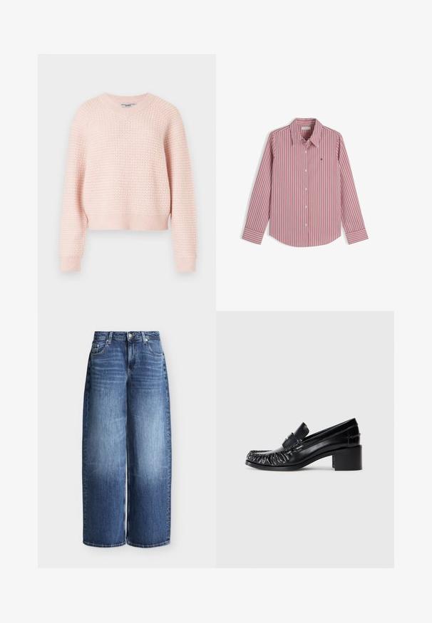 Suéter de punto rosa claro con un patrón texturizado, escote en V y puños y dobladillo acanalados. Diseño corto con un ajuste relajado.; Camisa de manga larga con botones, rayas verticales rojas y blancas, con cuello y pequeño logo bordado en el pecho, mostrada extendida sobre fondo blanco.; Vaqueros anchos de mezclilla en azul con cierre frontal de botón y cremallera, trabillas para cinturón y diseño clásico de cinco bolsillos sobre fondo liso.; Mocasines de cuero negro con un frente rizado, puntera redonda y tacón cuadrado. Presenta una correa decorativa y un detalle de costura a lo largo de los bordes.