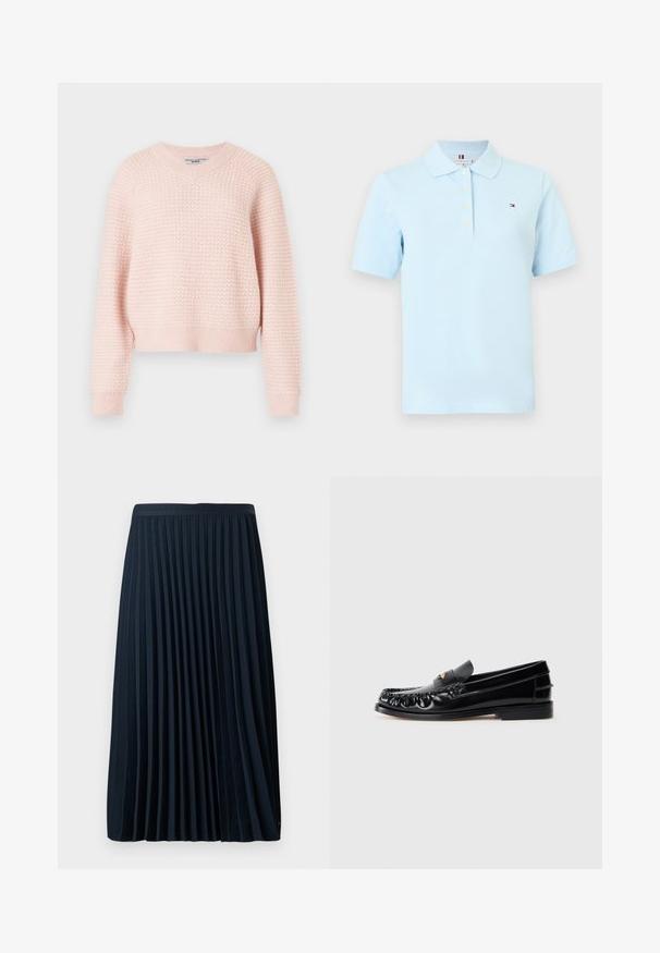 Lichtroze gebreide trui met een gestructureerd patroon, v-hals en geribde manchetten en zoom. Korte stijl met een comfortabele pasvorm.; Lichtblauw poloshirt met korte mouwen en kraag, vier witte knopen en een klein rood-wit-blauw rechthoekig logo op de linkerborst.; Geplooide marineblauwe rok met een gestructureerde tailleband, gemaakt van een soepele stof, met gelijkmatig verdeelde verticale plooien en een lengte tot halverwege het kalf.; Zwarte leren instappers met een ronde neus, decoratieve stiksels en een kleine gouden accent op de wreef. Platte rubberen zool, strak design.