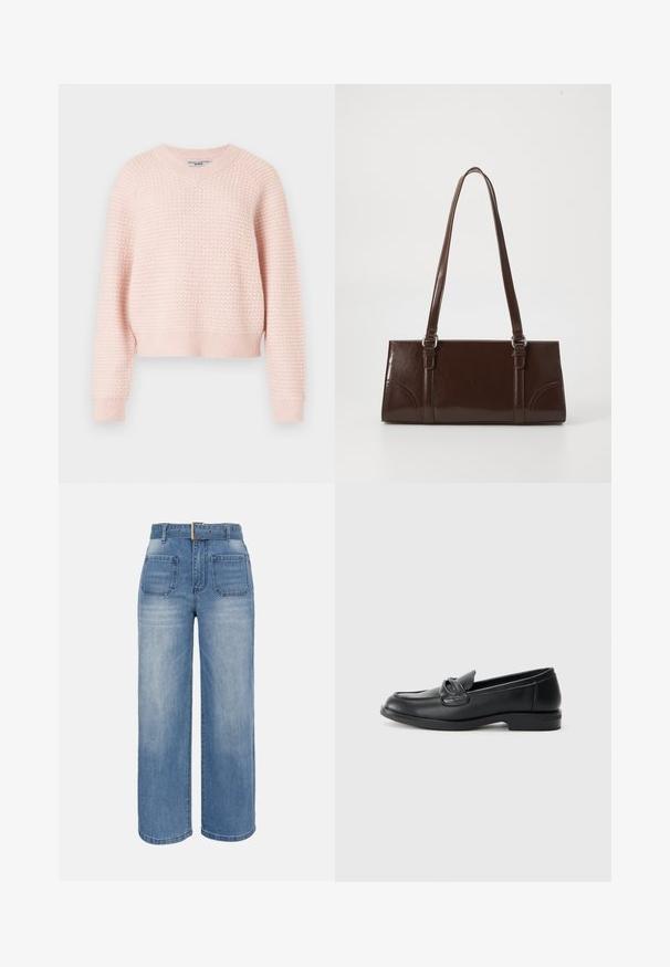 Lichtroze gebreide trui met een gestructureerd patroon, v-hals en geribde manchetten en zoom. Korte stijl met een comfortabele pasvorm.; Blauwe denim jeans met hoge taille en wijde pijpen, voorzien van voorzakken met klep en een bijpassende riem met een vierkante metalen gesp.; Zwarte leren loafers met een ronde neus, een gestikt ontwerp en een strikaccent op de bovenkant. Lage blokhak en een gladde textuur.; Bruine lakleren handtas met een rechthoekige vorm, twee lange handvatten en subtiele gebogen accenten aan de voorkant.