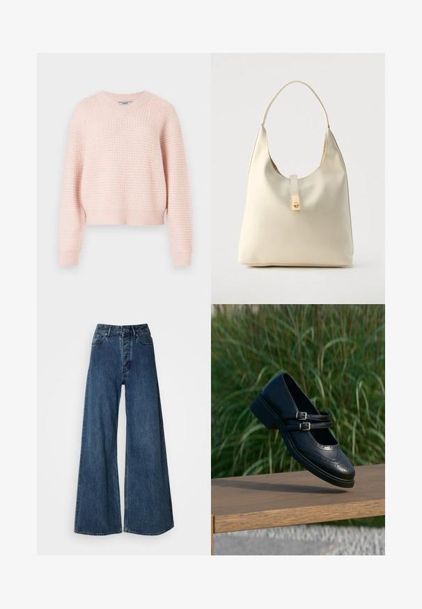 Suéter de punto rosa claro con un patrón texturizado, escote en V y puños y dobladillo acanalados. Diseño corto con un ajuste relajado.; Jeans de mezclilla de pierna ancha en azul oscuro, con cintura alta, diseño de cinco bolsillos y costuras en contraste. Tejido clásico y duradero.; Zapato Mary Jane negro de cuero con dobles correas con hebillas y detalles brogue, flotando sobre un banco de madera con fondo de césped verde.; Bolso hobo de cuero color crema con una sola correa para el hombro, textura suave y detalle de cierre metálico dorado en el frente.