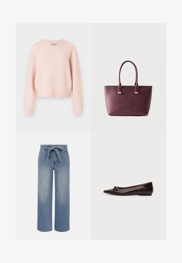Lichtroze gebreide trui met een gestructureerd patroon, v-hals en geribde manchetten en zoom. Korte stijl met een comfortabele pasvorm.; Lichtblauwe high-waist wijde jeans met een stoffen ceintuur en zakken aan de voorkant, met een licht vervaagd waseffect.; Bruine glanzende platte schoen met puntige neus, klein strikdetail aan de voorzijde en een lage hak op een effen achtergrond.; Donkerpaarse leren shopper met twee handvatten en klein gouden merkembleem aan de voorkant, afgebeeld tegen een effen lichte achtergrond.
