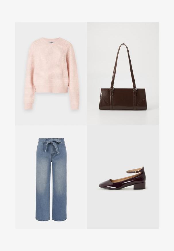 Lichtroze gebreide trui met een gestructureerd patroon, v-hals en geribde manchetten en zoom. Korte stijl met een comfortabele pasvorm.; Lichtblauwe high-waist wijde jeans met een stoffen ceintuur en zakken aan de voorkant, met een licht vervaagd waseffect.; Glanzende donkerburgundy hakken met een ronde neus en enkelbandje, tegen een effen achtergrond.; Bruine lakleren handtas met een rechthoekige vorm, twee lange handvatten en subtiele gebogen accenten aan de voorkant.