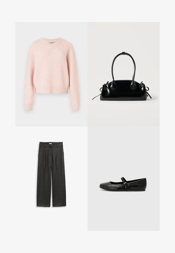 Suéter de punto rosa claro con un patrón texturizado, escote en V y puños y dobladillo acanalados. Diseño corto con un ajuste relajado.; Pantalones de pierna ancha en tela gris oscuro con un sutil brillo, que presentan pliegues frontales y una cinturilla plana para un aspecto ajustado.; Bailarinas de cuero negro con punta redondeada, suela plana y una delgada correa ajustable en el empeine que cuenta con una hebilla de metal.; Pequeño bolso negro brillante con dos asas largas y detalles de cordón lateral sobre un fondo claro liso.