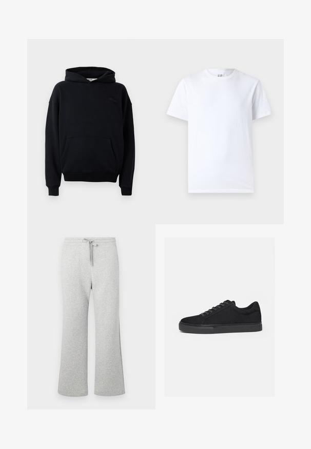 Μαύρη βαμβακερή hoodie με τσέπη καγκουρό, κουκούλα με κορδόνια και ριμπ μανσέτες. Διαθέτει διακριτική εκτύπωση στο στήθος. Μαλακή υφή.; Λευκό βαμβακερό μπλουζάκι με στρογγυλή λαιμόκοψη και κοντά μανίκια. Απλός σχεδιασμός χωρίς μοτίβα ή γραφικά, με την επωνυμία GAP στον γιακά.; Ανοιχτό γκρι παντελόνι φόρμας από βαμβάκι και πολυεστέρα, με ίσιες γραμμές, ελαστική μέση, κορδόνι και πλαϊνές τσέπες, εμφανίζεται επίπεδα σε λευκό φόντο.; Μαύρο sneaker χαμηλού τύπου με κορδόνια εμπρός και επίπεδη λαστιχένια σόλα, εμφανίζεται από το πλάι σε λευκό φόντο.