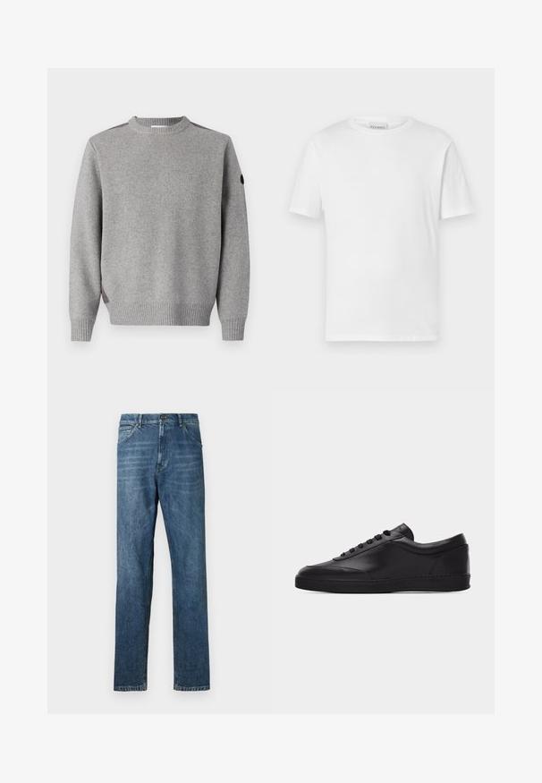 Grijze gebreide trui met een geribbeld patroon, ronde hals en contrasterende accenten op de schouders. De mouwen zijn ook geribbeld.; Witte t-shirt met korte mouwen van katoen. Heeft een ronde halslijn en een rechte zoom. Geen patronen of versieringen. Eenvoudig ontwerp.; Donkerblauwe denim jeans, recht model, vijf-pocket stijl, zichtbare stiksels, en een klassieke knoopsluiting. Lichte wassingseffect op de stof.; Zwarte lage leren sneaker met vetersluiting aan de voorkant en een platte rubberen zool, gezien van de zijkant tegen een effen witte achtergrond.