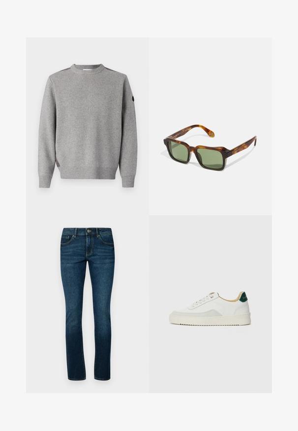 Grijze gebreide trui met een geribbeld patroon, ronde hals en contrasterende accenten op de schouders. De mouwen zijn ook geribbeld.; Donkerblauwe denim jeans met een klassieke rechte pasvorm, vijf-pocket ontwerp en stevige metalen knoopsluiting op de taille.; Witte sneaker met suède accenten, ronde neus, platte veters en een crème rubberen zool. Bevat groene branding op de hiel.; Vierkante zonnebril met een schildpadprint montuur, groene lenzen en dikke pootjes. Kenmerkt zich door scherpe hoeken en een glanzende textuur. Verstelbare pasvorm.