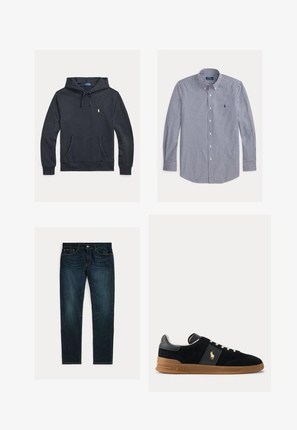 Marineblå bomulds-hoodie med en frontlomme, justerbar snøre, ribstrikkede manchetter og en lille hvid logo på brystet.; Langærmet skjorte med knapper med navy og hvidt lille ternet mønster og broderet navy logo på venstre bryst.; Mørkeblå slim-fit jeans med let falmning og fem-lomme-design, lagt fladt på hvid baggrund.; Sort lavtop sneakers med hvide snørebånd, brun gummisål og gyldt Polo-logo på siden og hælkappen.
