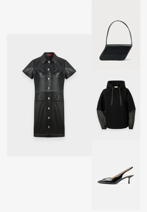 Sudadera con capucha negra con bolsillo delantero, con cordones de satén y mangas transparentes con estampado. Tejido suave y ajuste relajado.; Vestido de cuero negro con mangas cortas, cuello, cierre de botones en la parte delantera y dos bolsillos en el pecho. Presenta herrajes de plata y una textura suave.; Tacón slingback de charol negro con puntera puntiaguda, tacón pequeño tipo kitten y correa con hebilla plateada sobre un fondo blanco liso.; Bolso de hombro de cuero negro con forma triangular, logo en relieve y una sola correa ajustable. Diseño minimalista con textura suave.