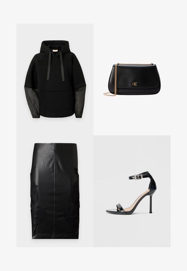 Sudadera con capucha negra con bolsillo delantero, con cordones de satén y mangas transparentes con estampado. Tejido suave y ajuste relajado.; Falda de lápiz de cuero negra con intrincados bordados de encaje negro en los lados, parte trasera sin costuras y textura suave. Ajuste y silueta clásicos.; Sandalia de tacón alto en piel sintética negra con correa en el tobillo. Presenta un diseño minimalista, punta abierta y una hebilla con detalles de pedrería.; Bolso bandolera de cuero negro con correa de cadena dorada y pequeño logo dorado de CK en la solapa frontal.