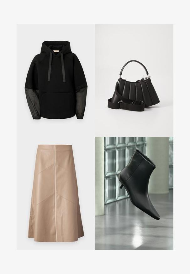 Sudadera con capucha negra con bolsillo delantero, con cordones de satén y mangas transparentes con estampado. Tejido suave y ajuste relajado.; Falda A-line de cuero sintético beige con sutiles detalles en panel y un acabado mate suave, de largo hasta la rodilla y de cintura alta.; Botín negro de cuero con punta puntiaguda y tacón bajo estilo kitten, mostrado en ángulo sobre un suelo pulido y con una pared de bloques de vidrio de fondo.; Bolso de mano negro con pliegues, manejo redondeado, correa ajustable y textura brillante. Presenta herrajes plateados y una silueta estructurada.