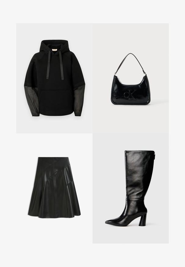 Zwarte hoodie met een voorzak, voorzien van satijnen koordjes en doorschijnende, patroonmouwen. Zachte stof met een ontspannen pasvorm.; Zwarte leren rok met een uitlopende vorm, een gladde textuur, asymmetrische naaddetails en een knielange snit.; Zwart leren laars tot de knie met een puntige neus, gladde textuur en een chunky hak. Bevat een ritsdetail aan de achterkant.; Zwarte gepatenteerde leren handtas met een gebogen bovenhandgreep, ritsafsluiting en reliëf "cK" logo aan de voorkant. Gladde textuur, gestructureerde vorm.